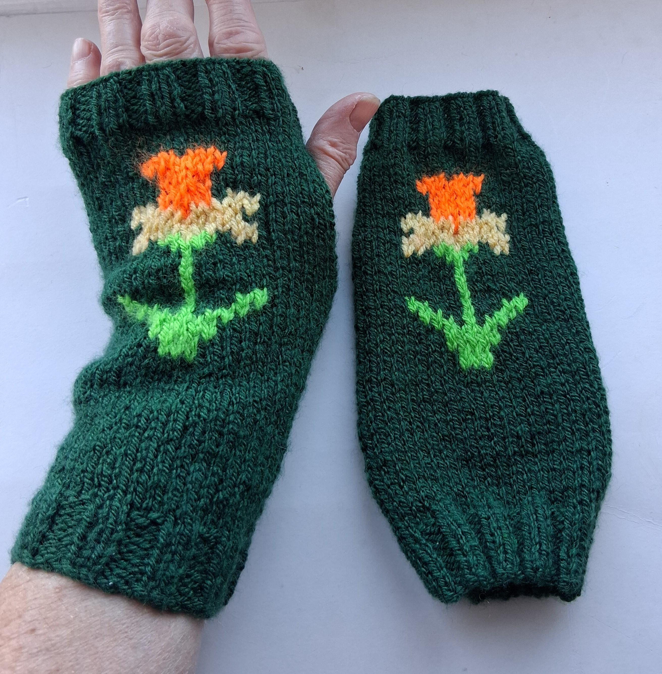 Hand Knitted Orange Flower Fingerless Gloves