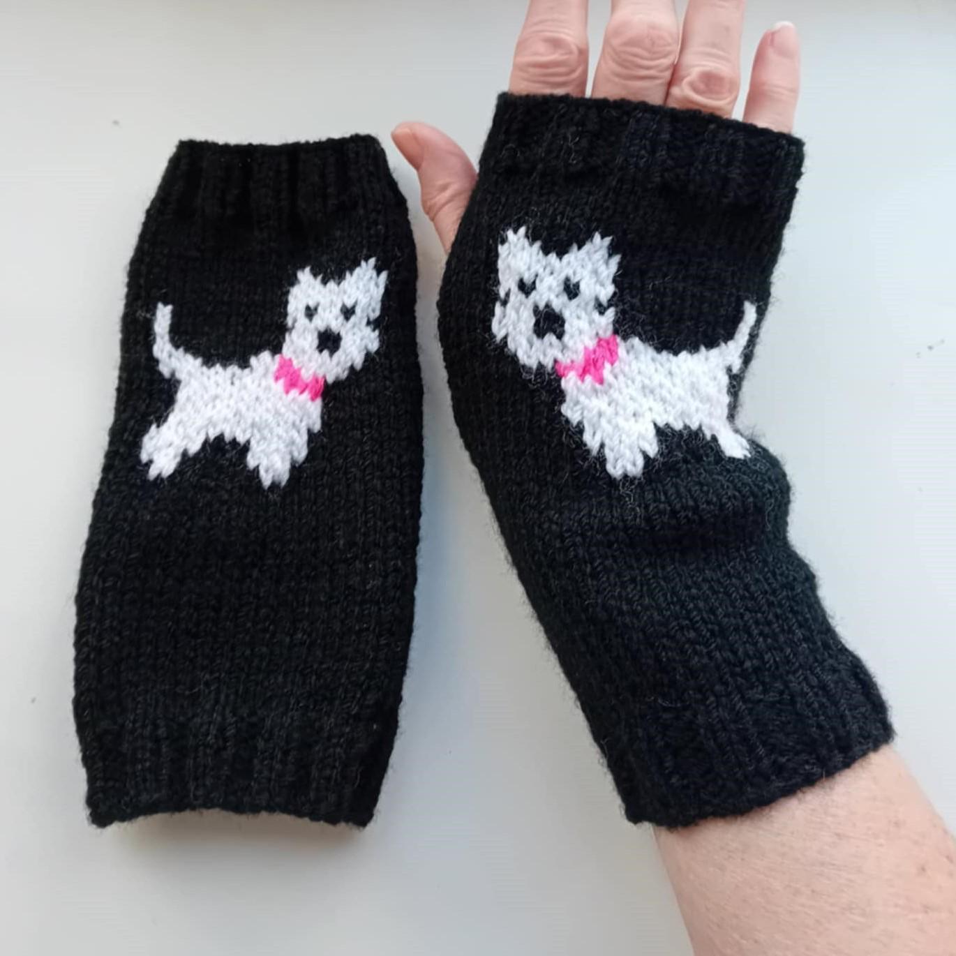 Hand Knitted Westie Dog Fingerless Gloves