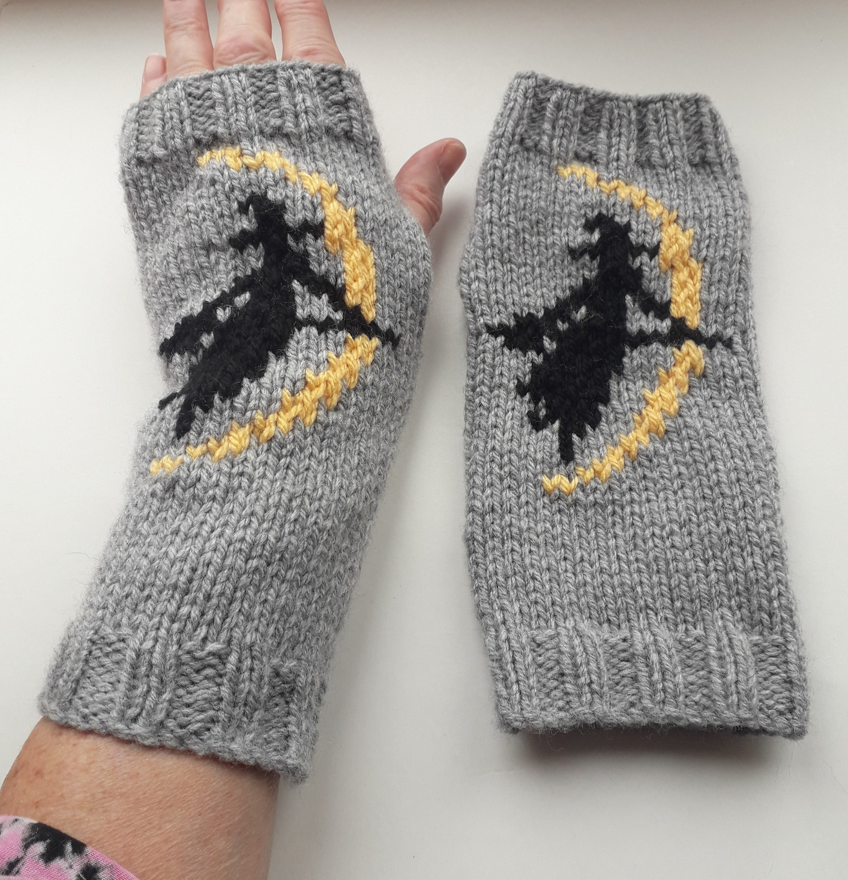 Hand Knitted Witch and Moon Fingerless Gloves