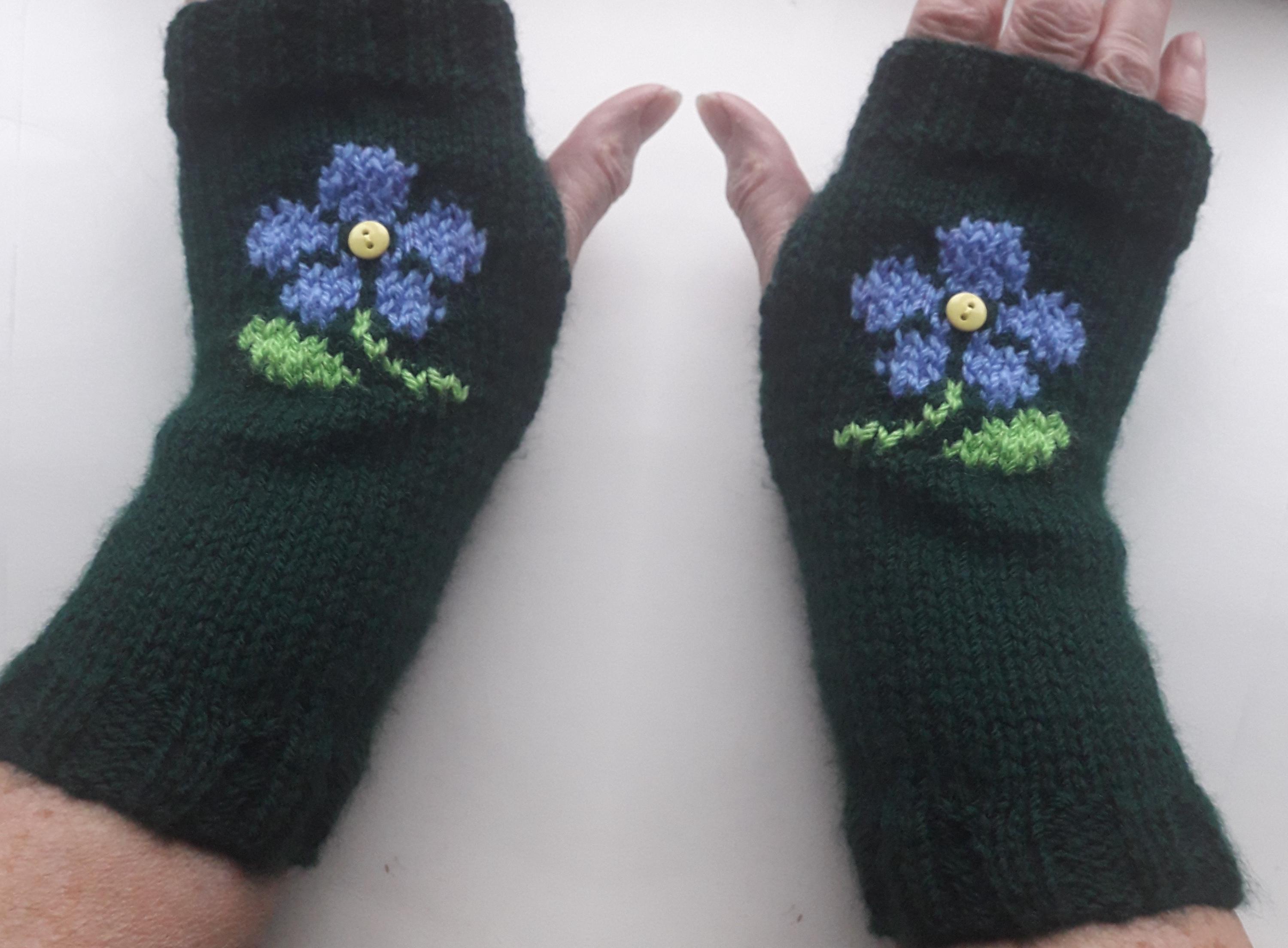 Hand Knitted Purple Flower Fingerless Gloves