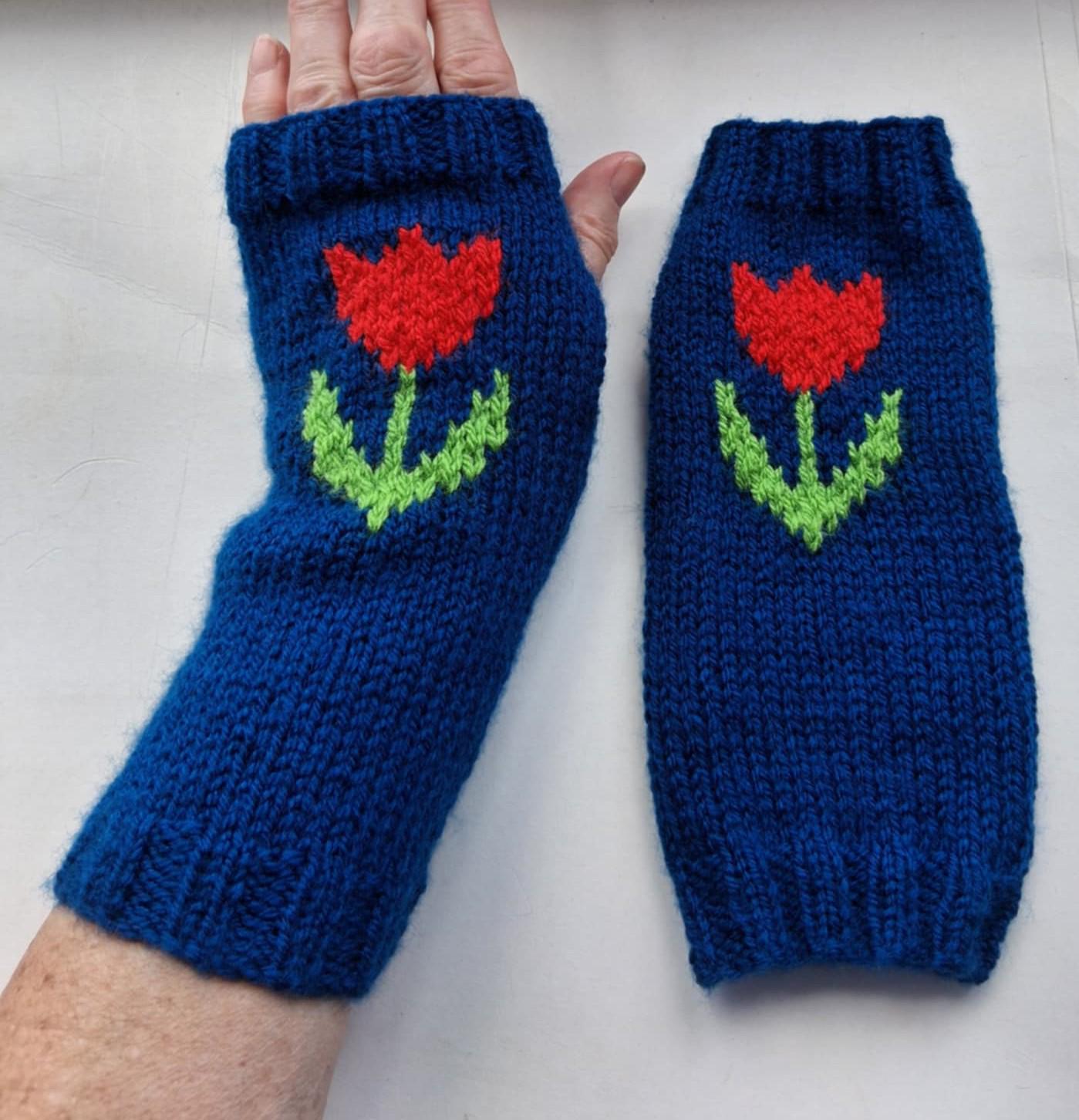 Hand Knitted Red Tulip Fingerless Gloves