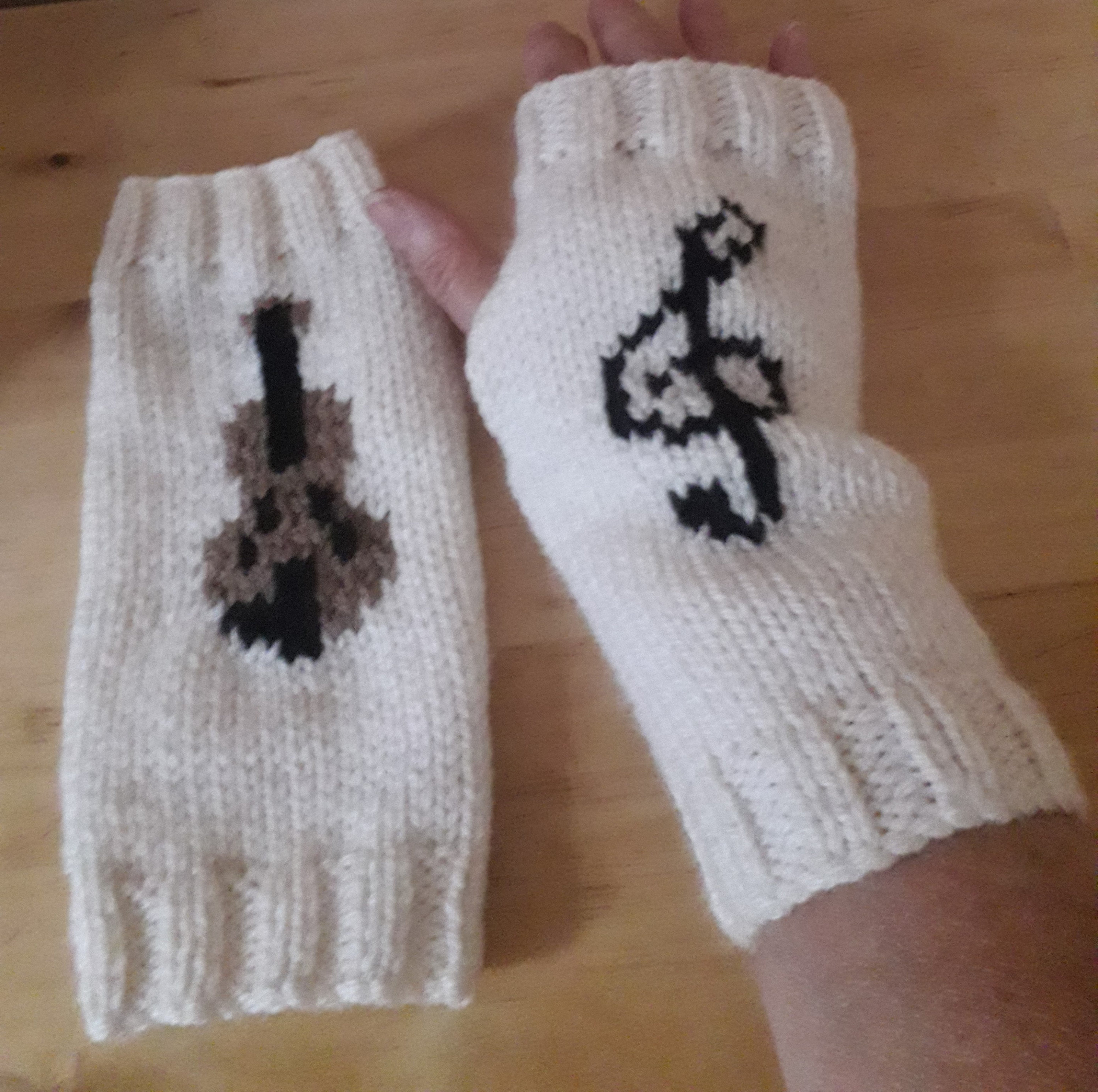 Hand Knitted Guitar and Music Note Fingerless Gloves
