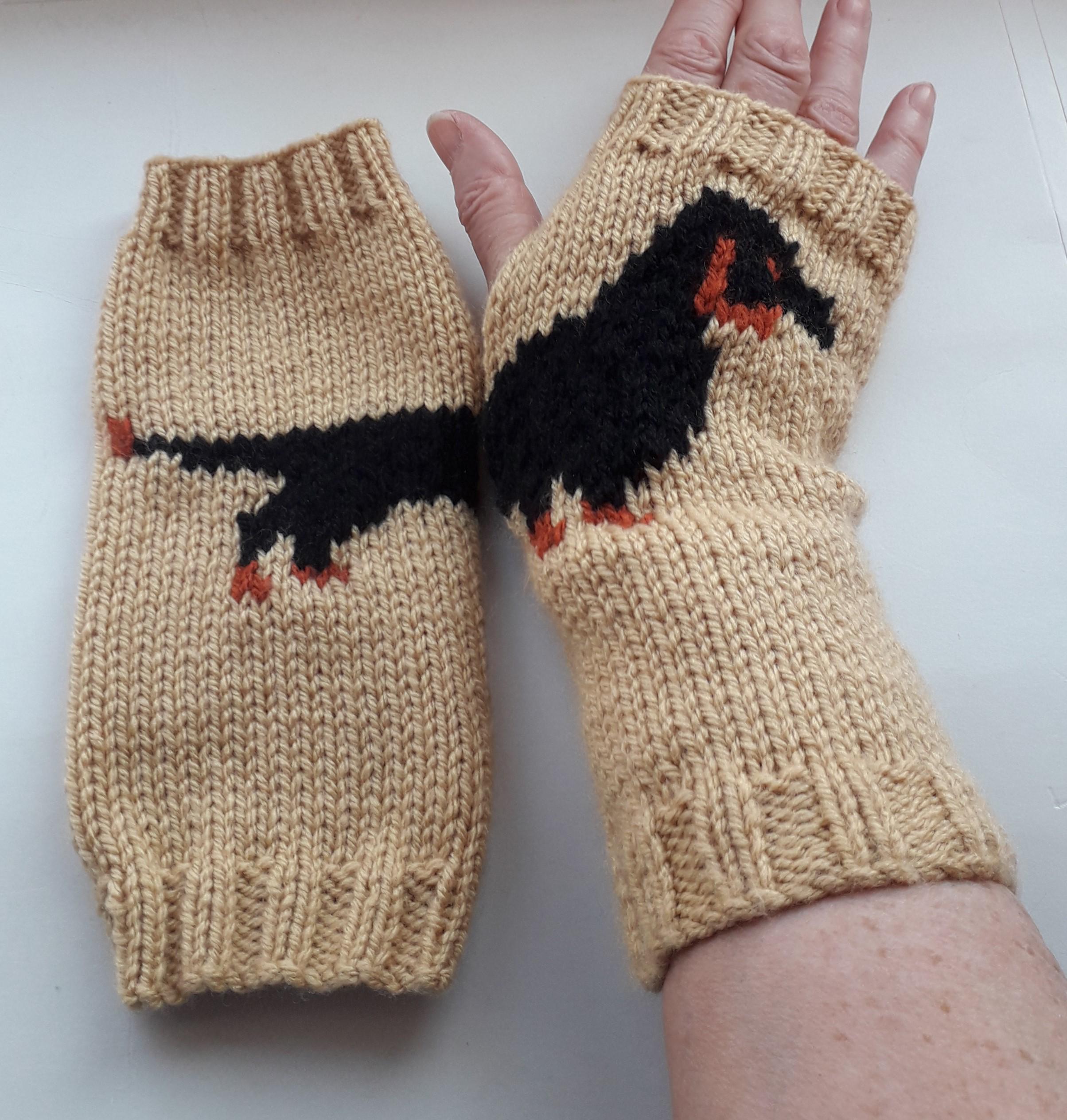 Hand Knitted Black Crow Fingerless Gloves