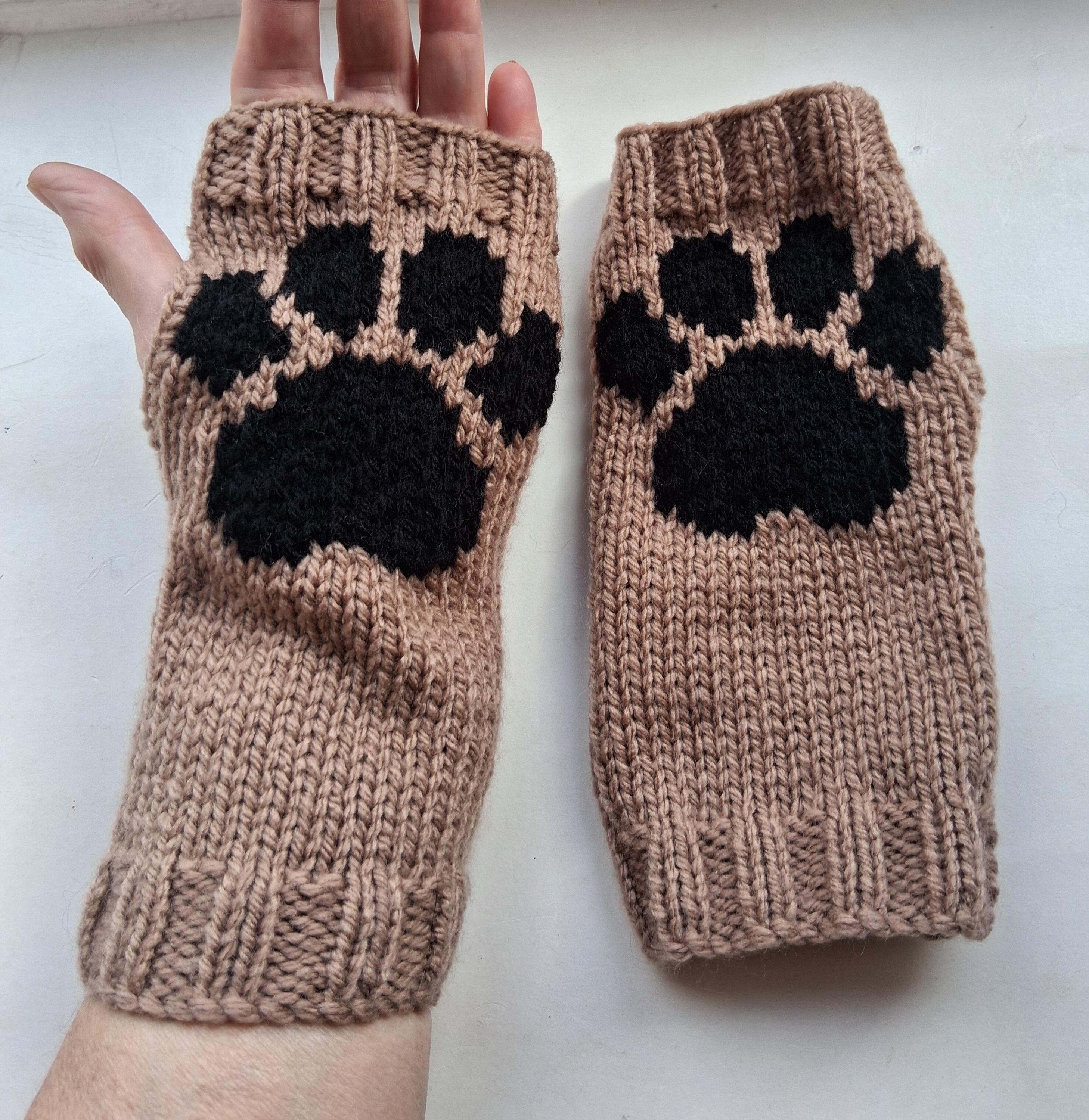 Hand Knitted Black Paw Print Fingerless Gloves
