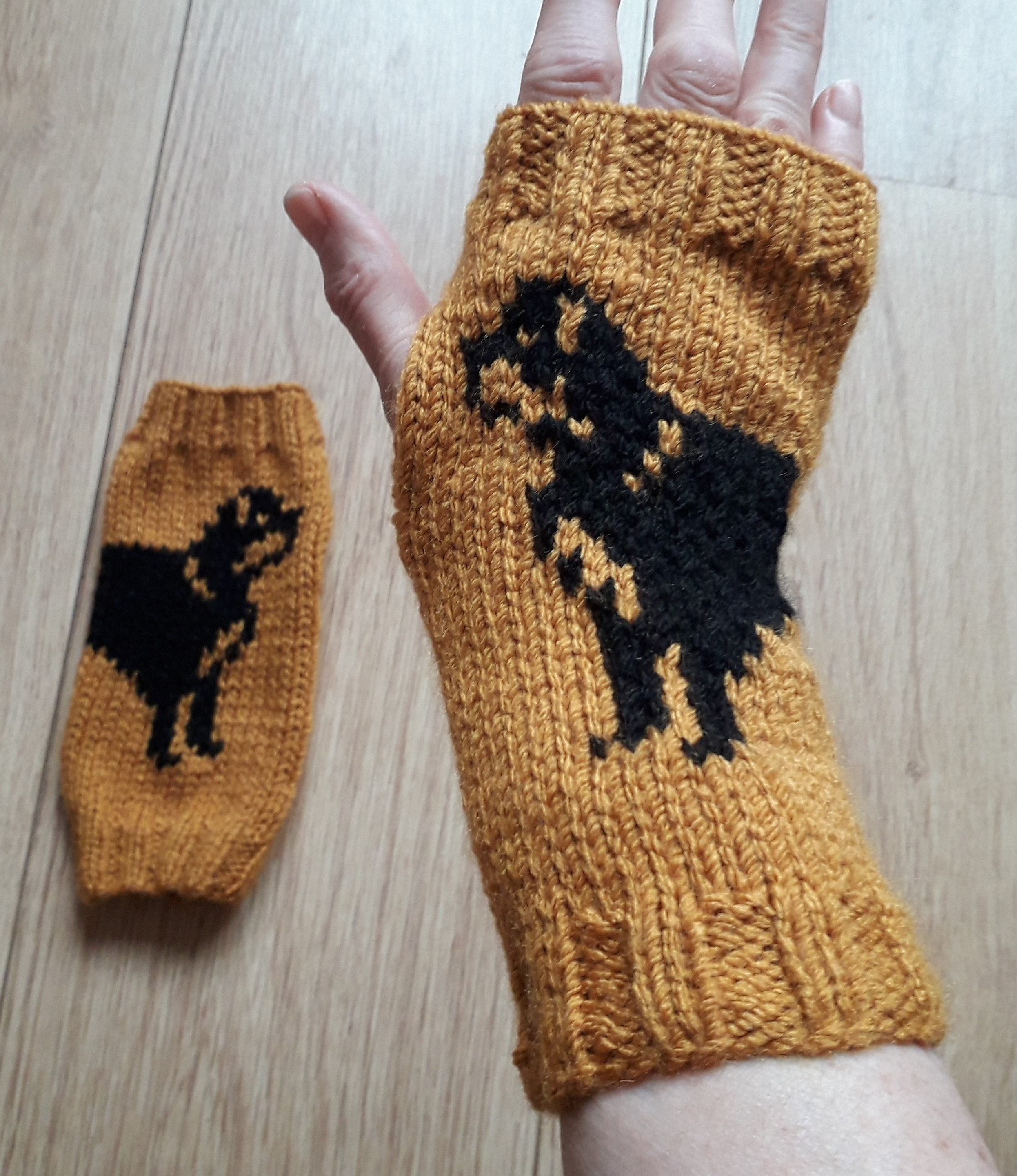 Hand Knitted Black Horse Fingerless Gloves