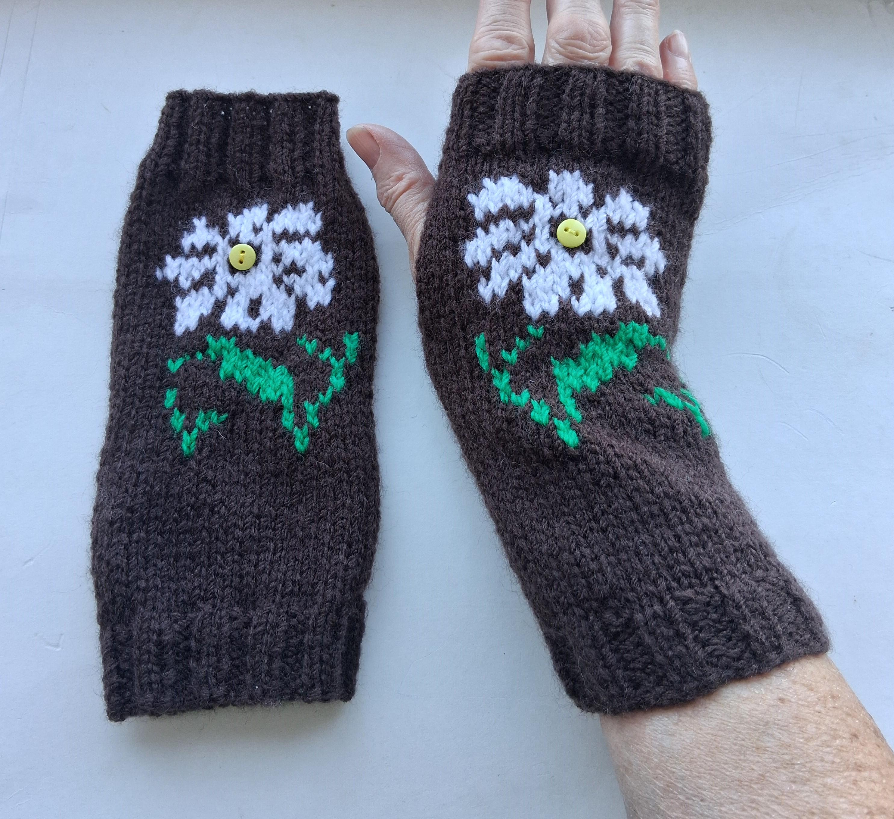 Hand Knitted White Flower Fingerless Gloves