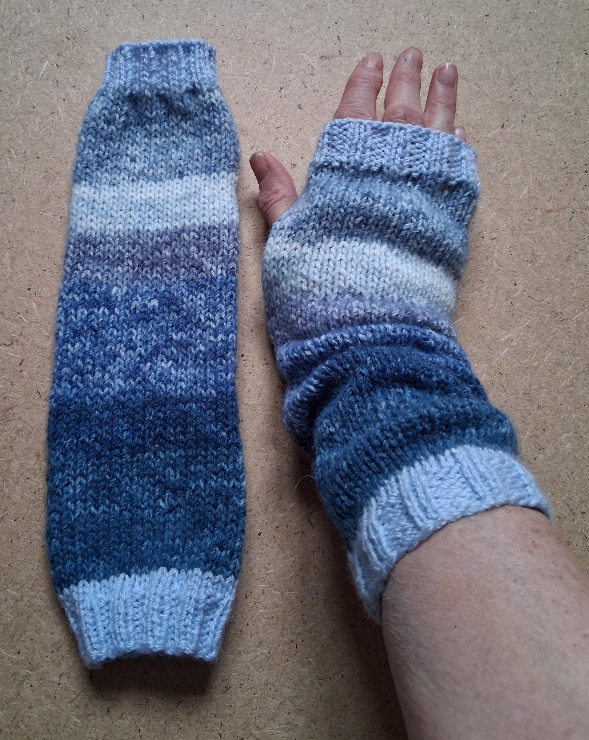 Hand Knitted Blue Striped Fingerless Gloves